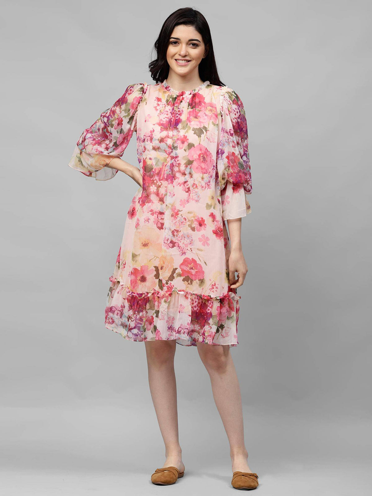 Women Pink Floral Printed A Line Midi Dress | D56 - view 4