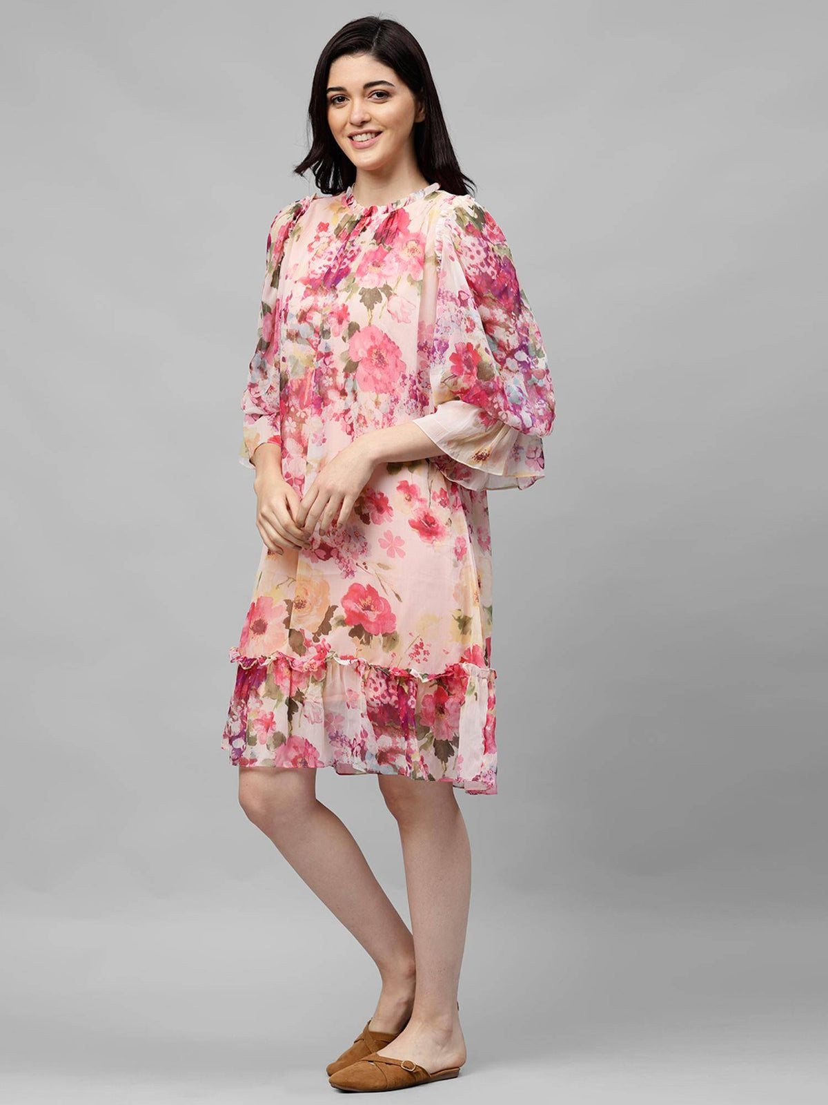 Women Pink Floral Printed A Line Midi Dress | D56 - view 5