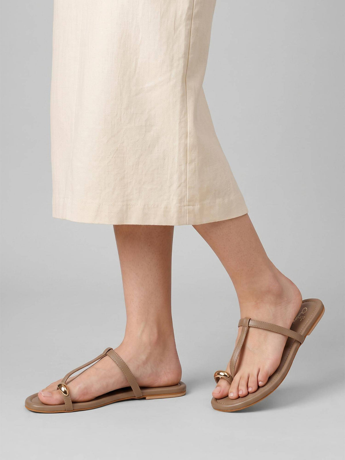 Women Embellished Toe Ring Comfort Flats - Beige | F61 - view 1