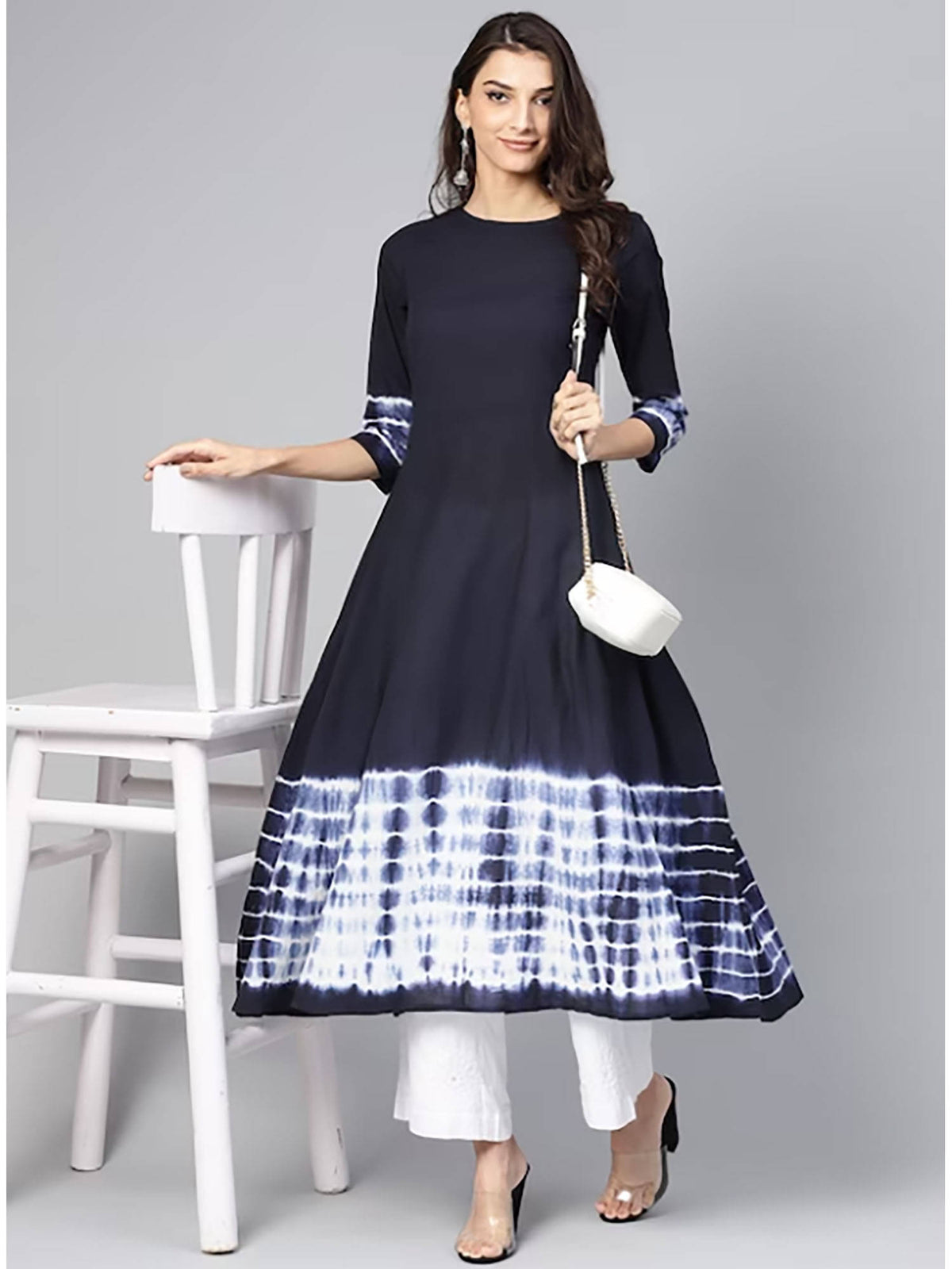 Womens Navy Blue Tie & Dye Ethnic Motifs A-line Kurta | FY93 - view 1