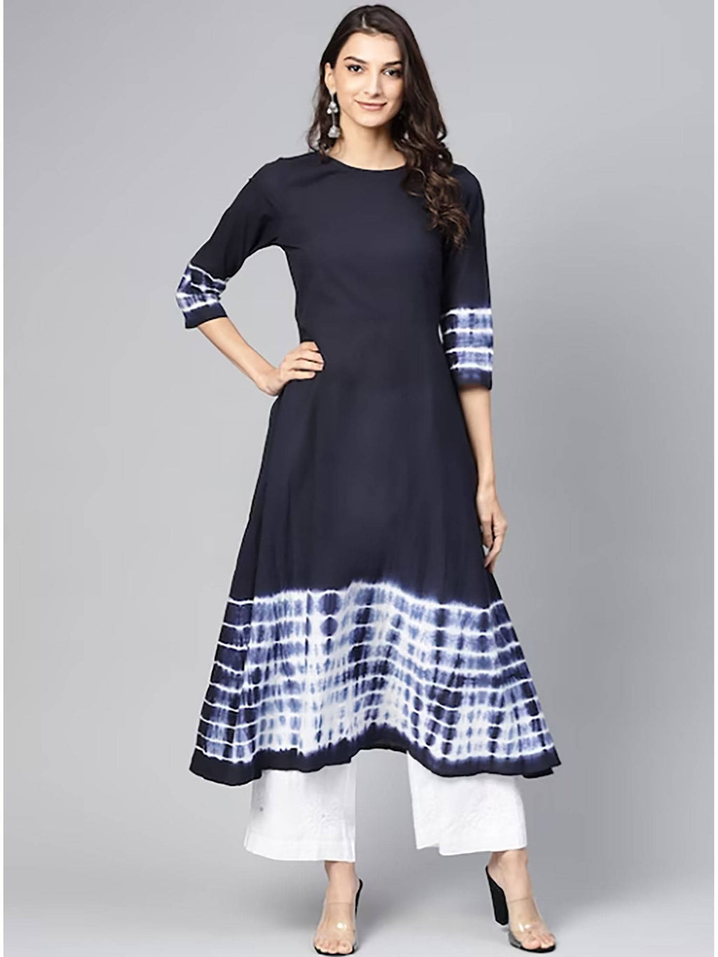 Womens Navy Blue Tie & Dye Ethnic Motifs A-line Kurta | FY93 - view 3