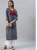 Womens Navy Blue Geometrical Printed Straight Kurta | FY93 - view 1