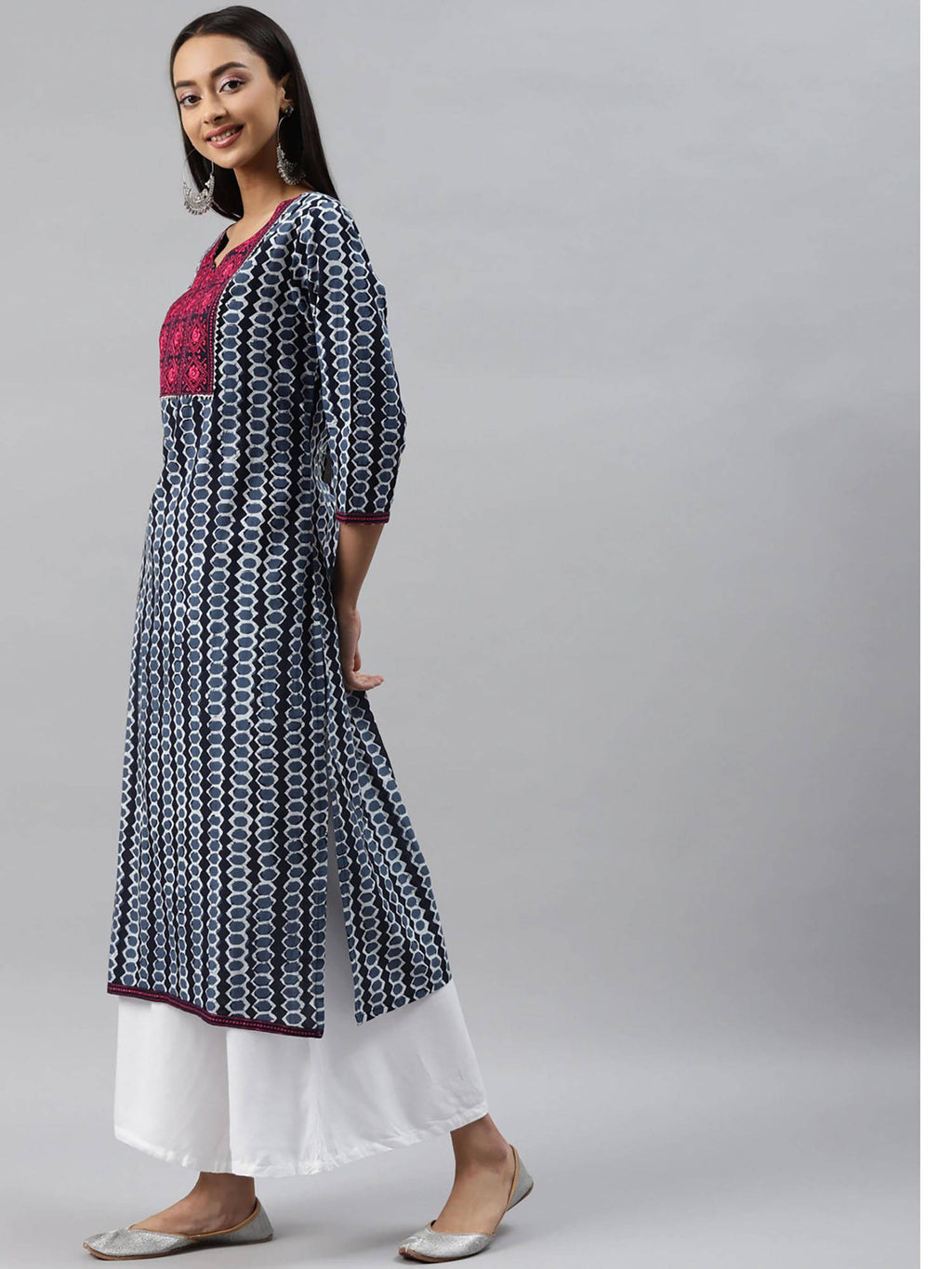 Womens Navy Blue Geometrical Printed Straight Kurta | FY93 - view 2