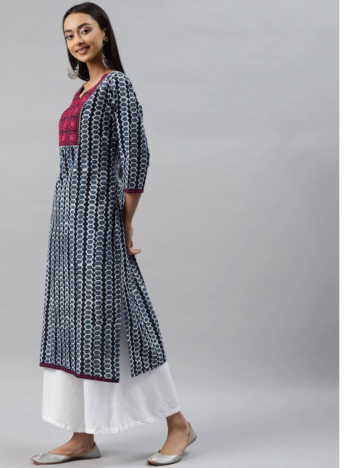 Womens Navy Blue Geometrical Printed Straight Kurta | FY93 - view 2