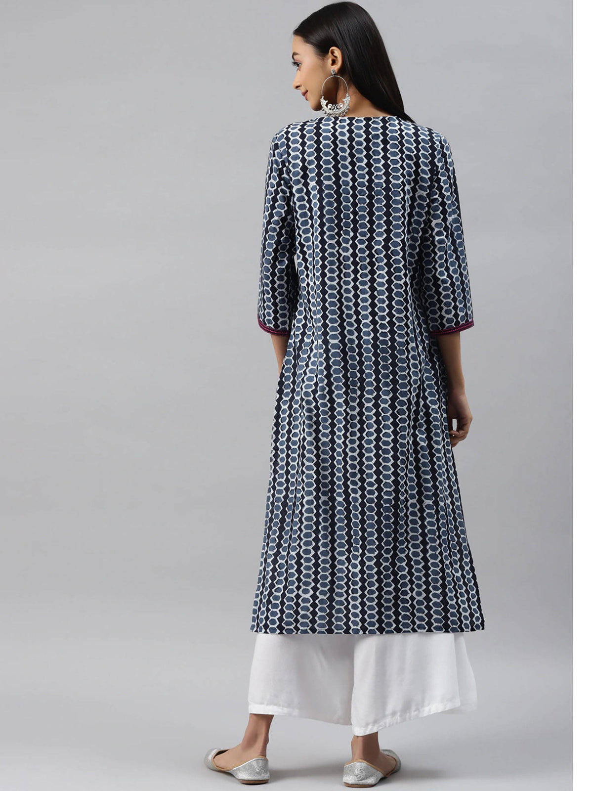 Womens Navy Blue Geometrical Printed Straight Kurta | FY93 - view 3