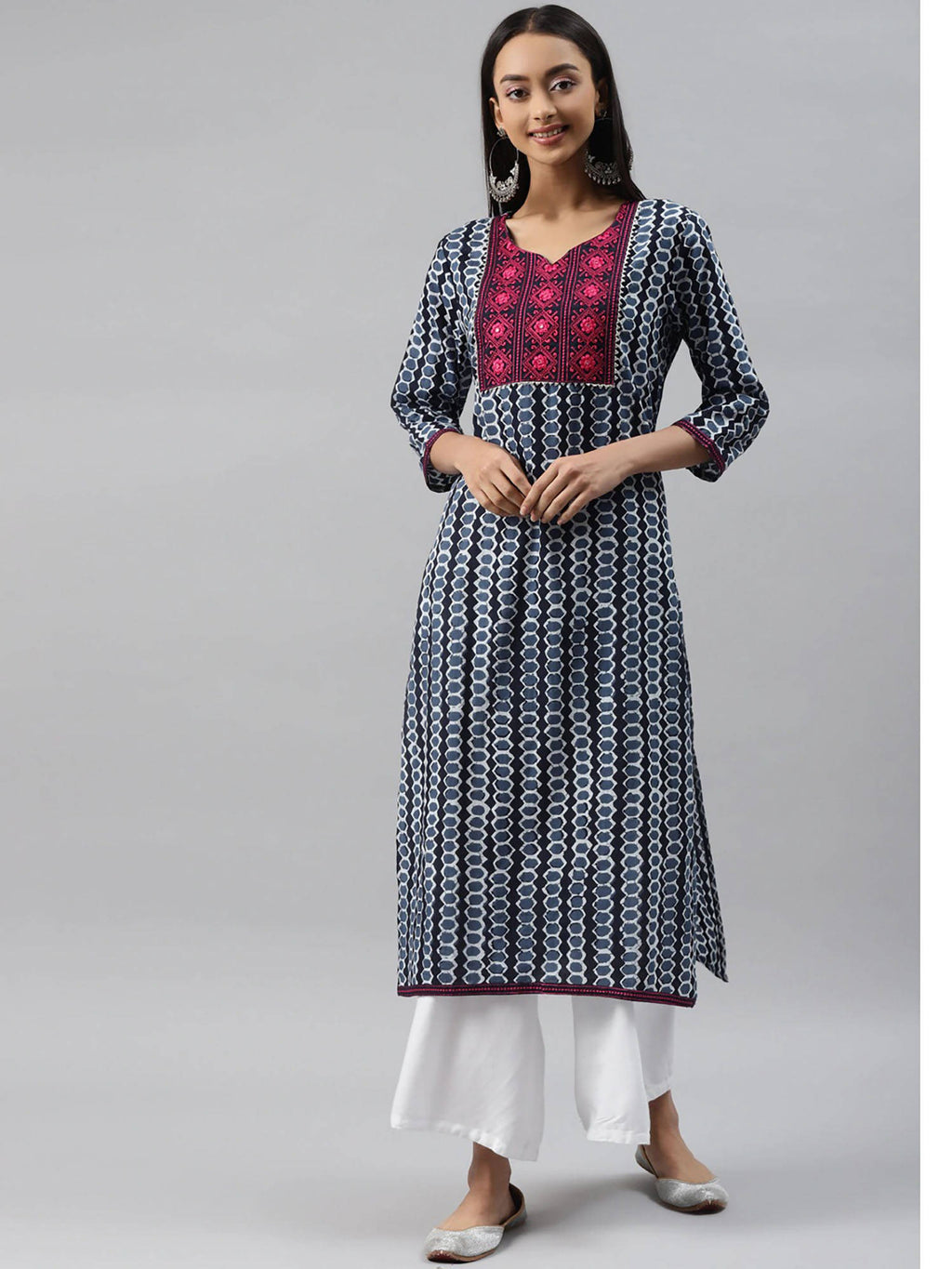 Womens Navy Blue Geometrical Printed Straight Kurta | FY93 - view 5