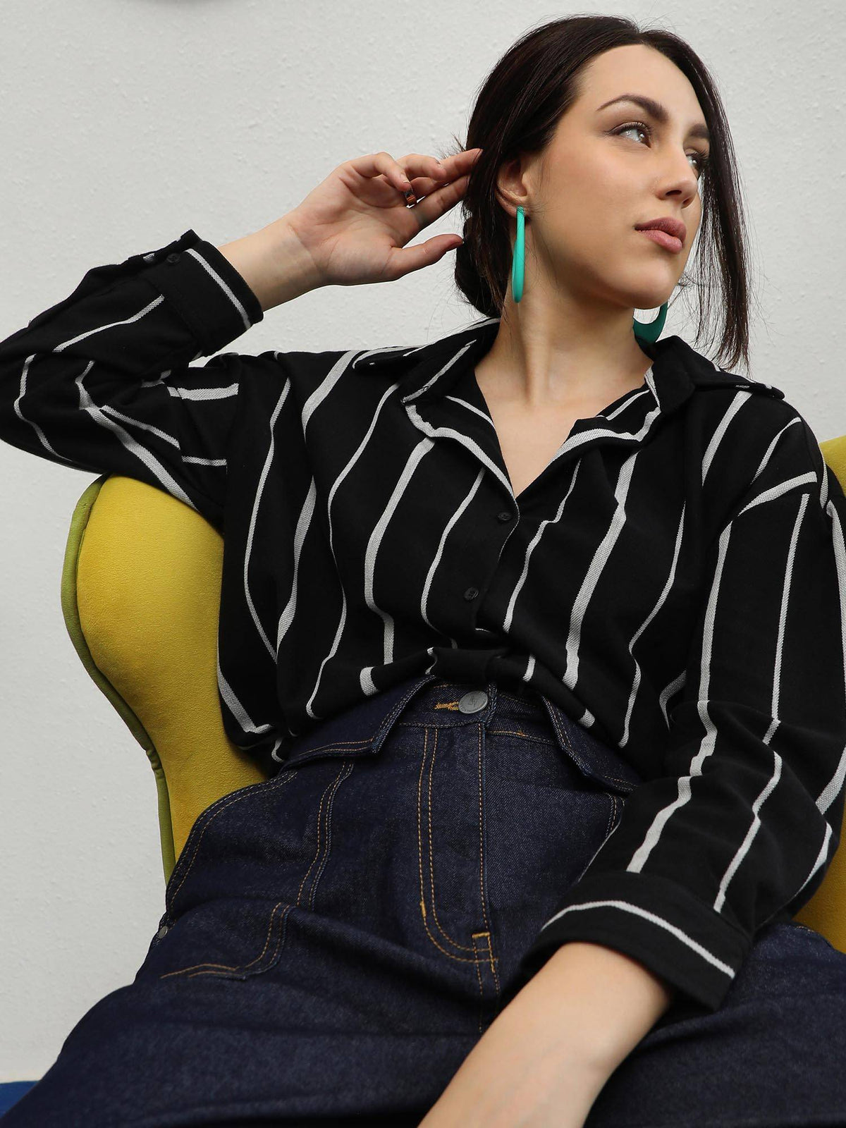 Women's Midnight Black Striped Boxy Shirt | S67 - view 1