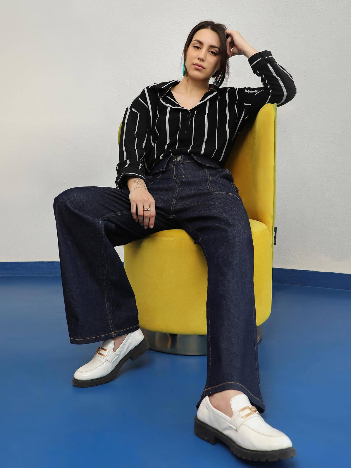 Women's Midnight Black Striped Boxy Shirt | S67 - view 3