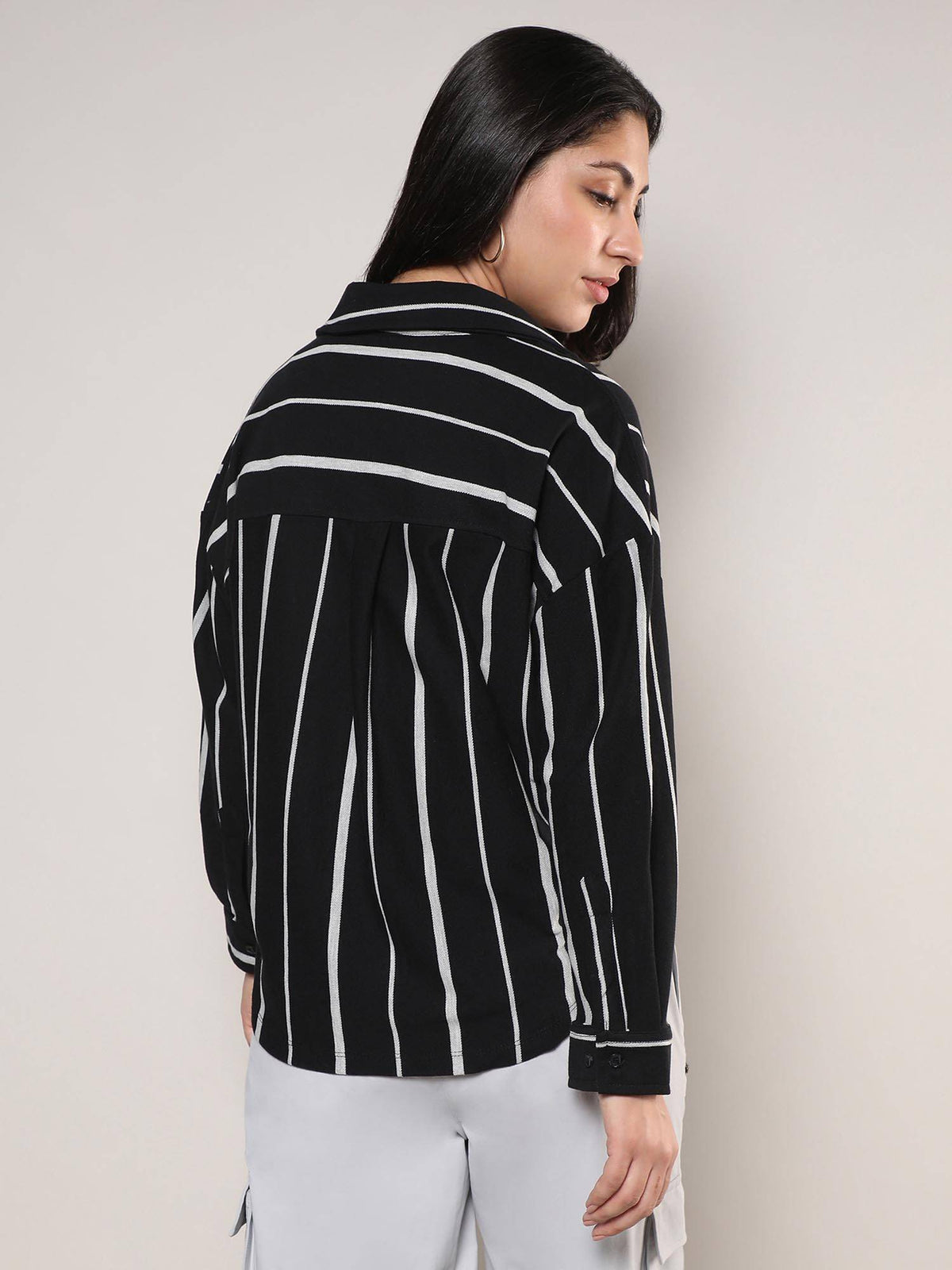 Women's Midnight Black Striped Boxy Shirt | S67 - view 5