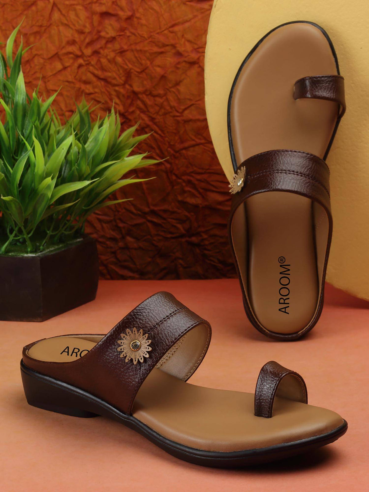 Women Brown Elegant Toe Loop Sandals with Stylish Floral Ornament | SD89 - view 1