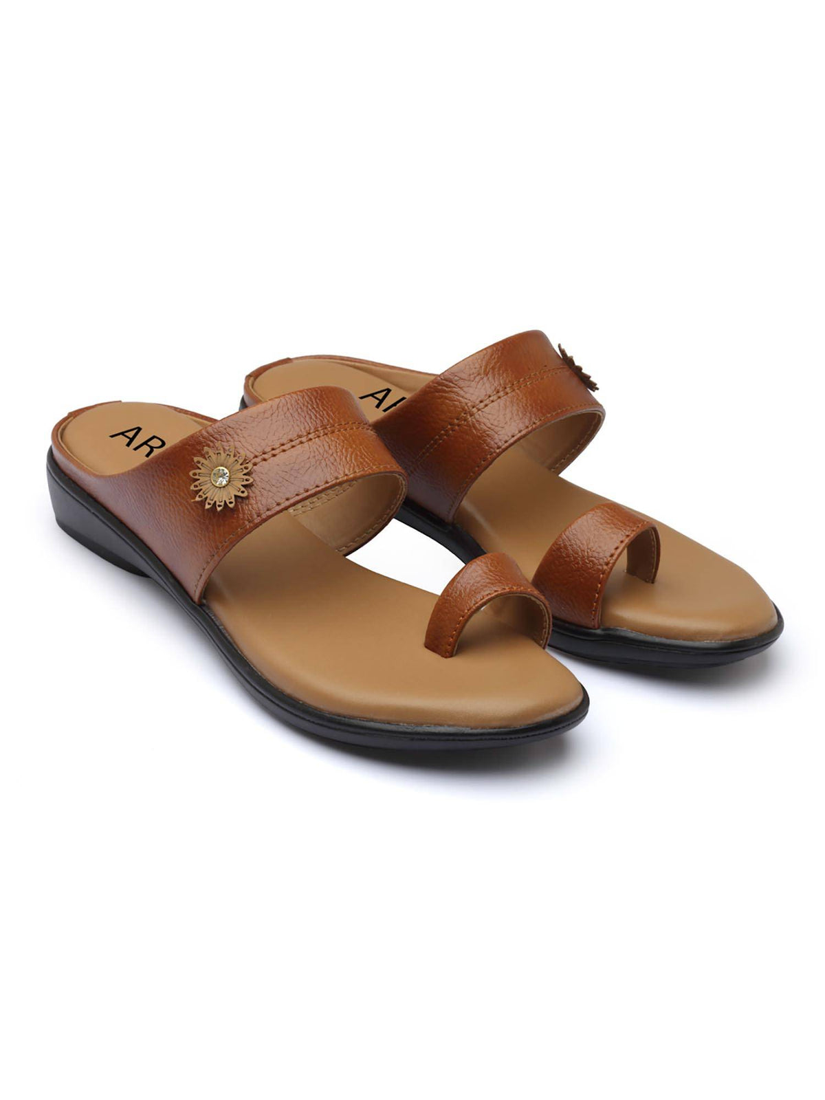 Women Tan Elegant Toe Loop Sandals with Stylish Floral Ornament | SD89 - view 2