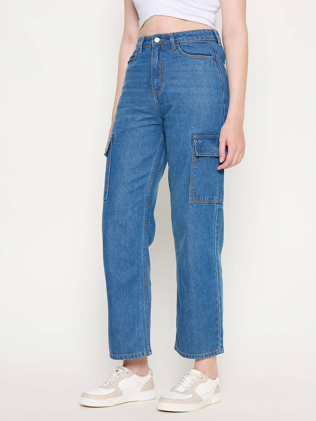 Cotton Straight Fit High Blue Denim Jeans | ST23 - view 3