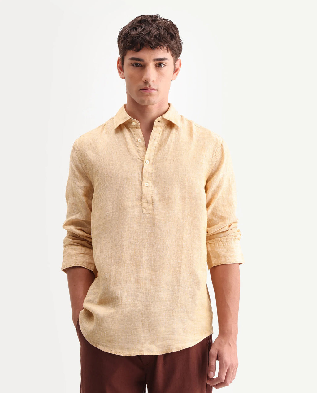 REGULAR FIT PLAIN SHIRT KURTS - DUSKY YELLOW morris.lane