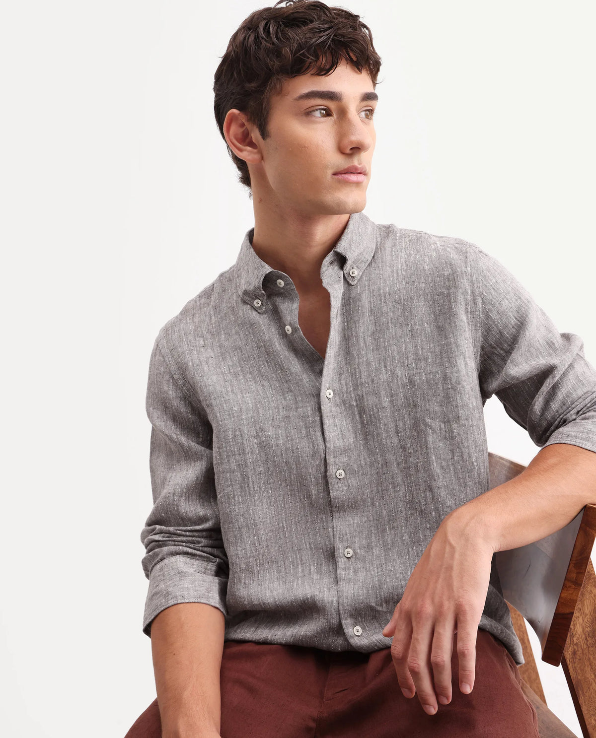 100% LINEN REGULAR FIT PLAIN SHIRT LUCIS - DARK KHAKI morris.lane