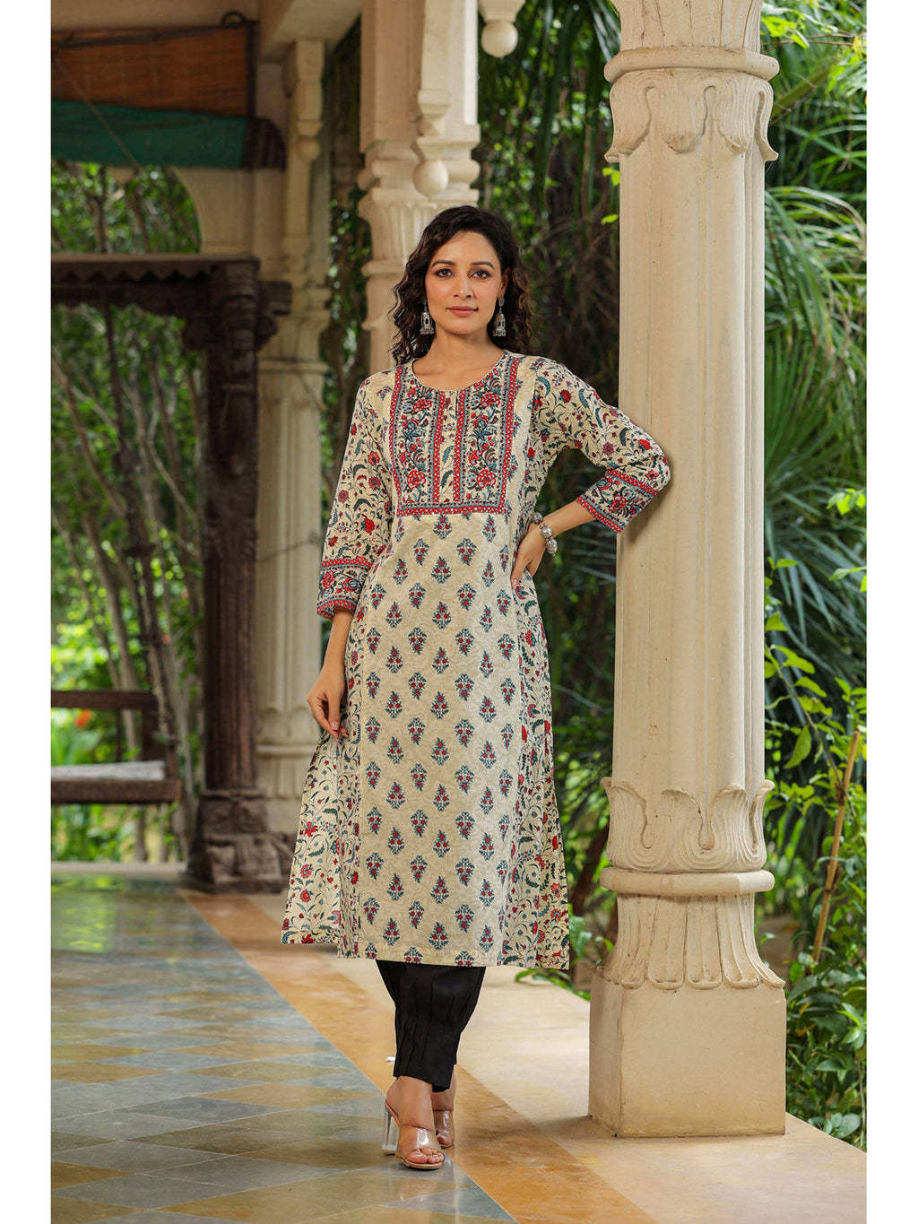 Women Cream Ethnic Motifs Printed Sequinned Pure Cotton A-Line Kurta | KDG - view 1