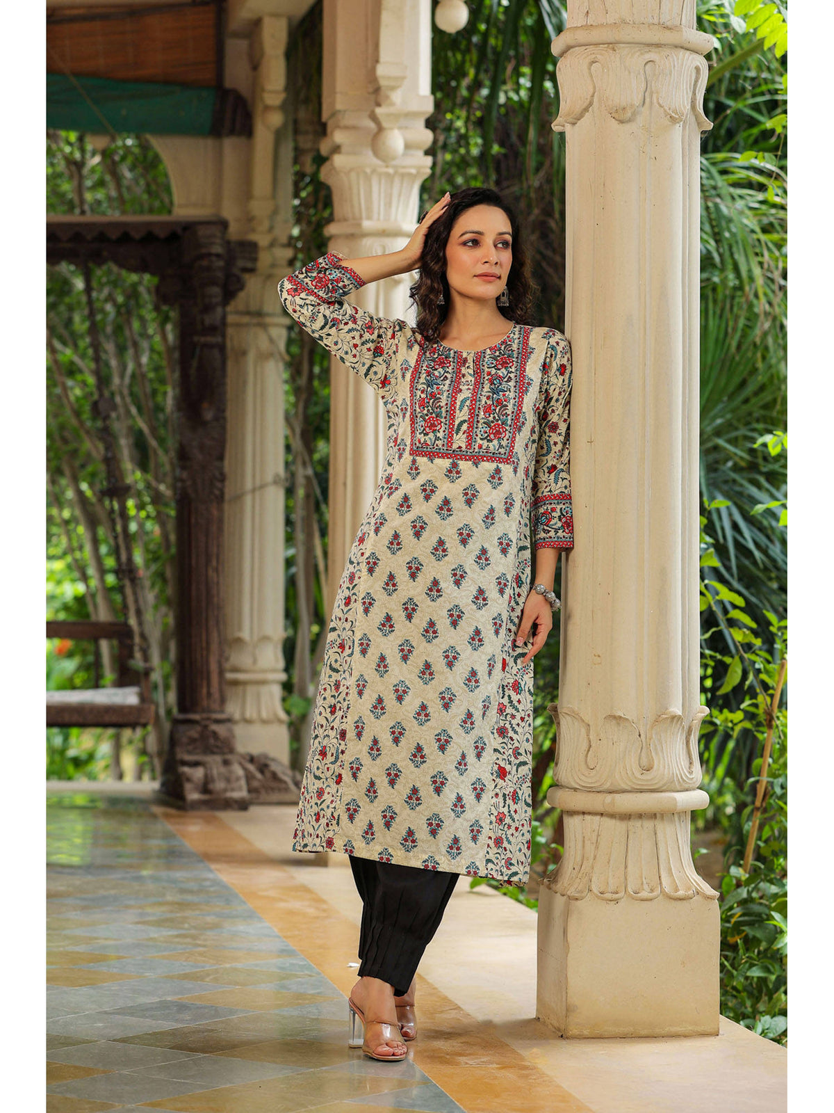 Women Cream Ethnic Motifs Printed Sequinned Pure Cotton A-Line Kurta | KDG - view 9