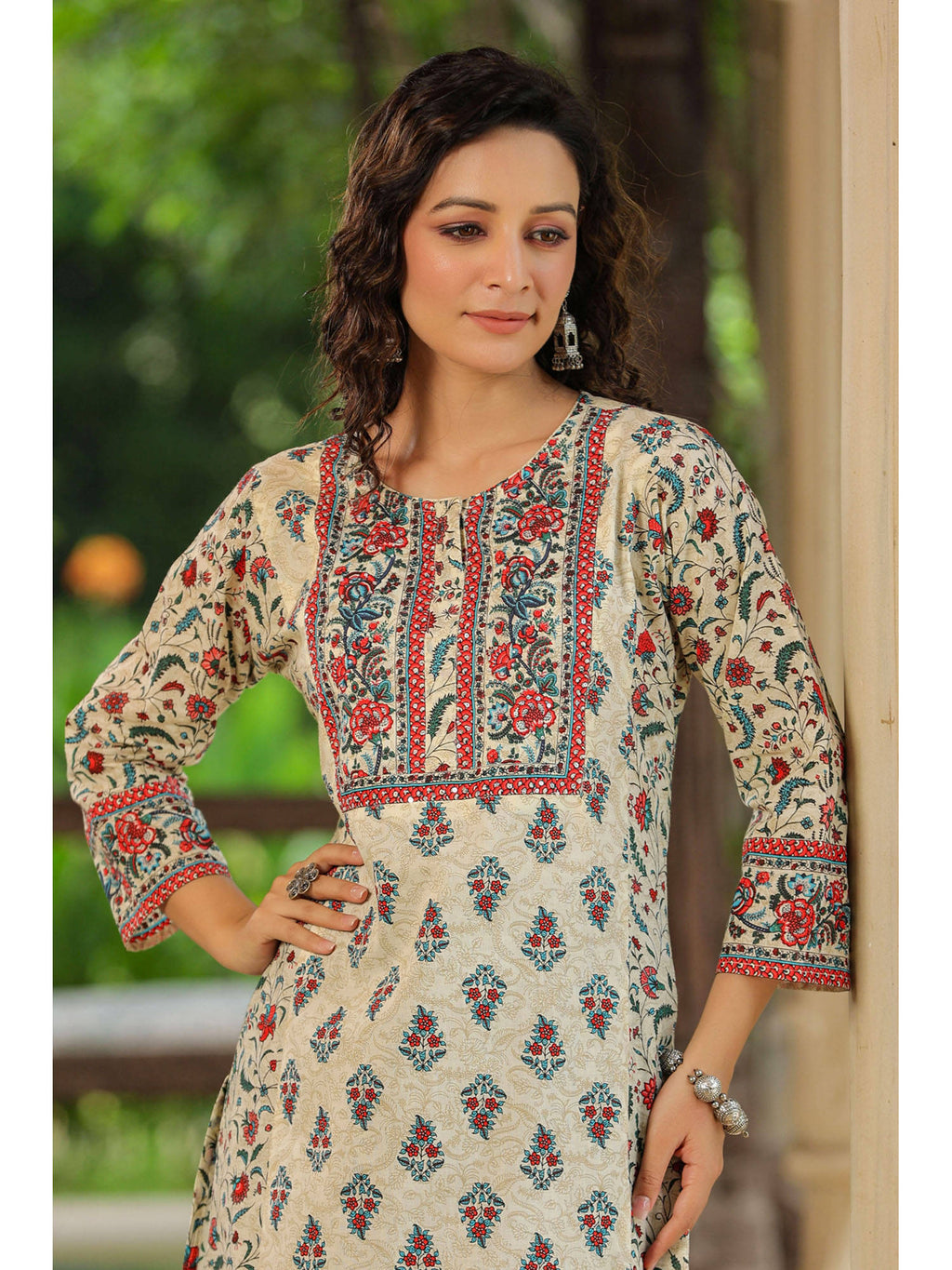 Women Cream Ethnic Motifs Printed Sequinned Pure Cotton A-Line Kurta | U3S - view 10