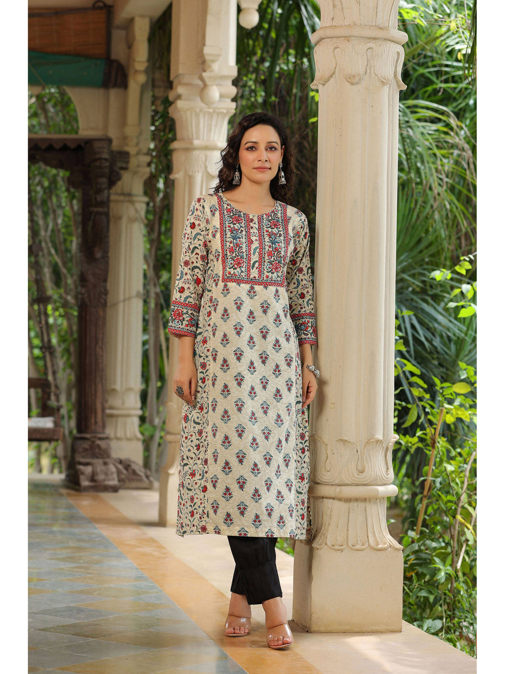 Women Cream Ethnic Motifs Printed Sequinned Pure Cotton A-Line Kurta | U3S - view 11