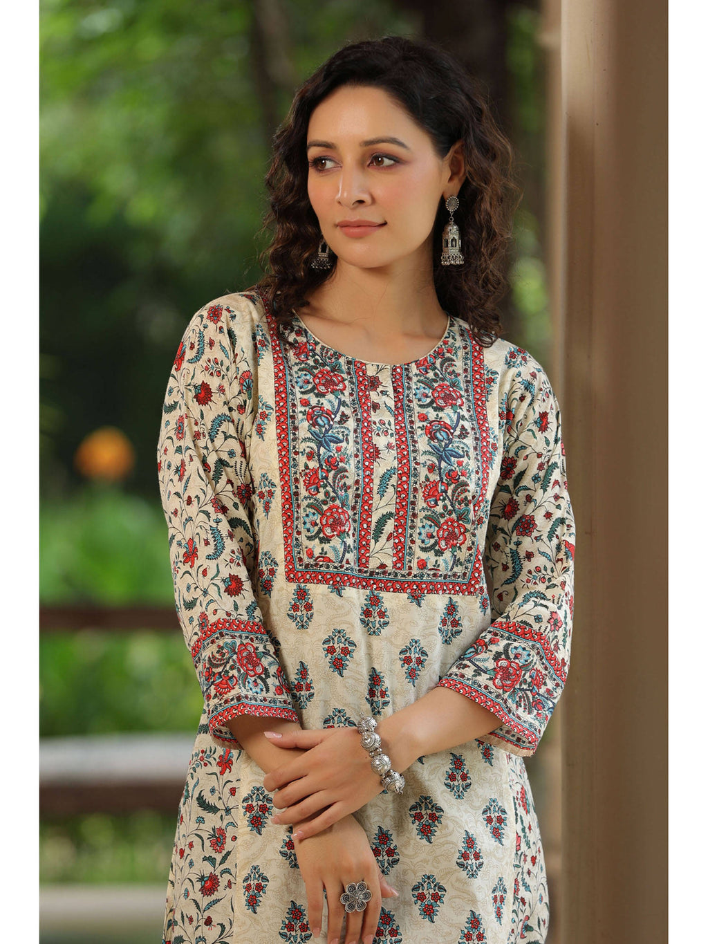 Women Cream Ethnic Motifs Printed Sequinned Pure Cotton A-Line Kurta | U3S - view 2
