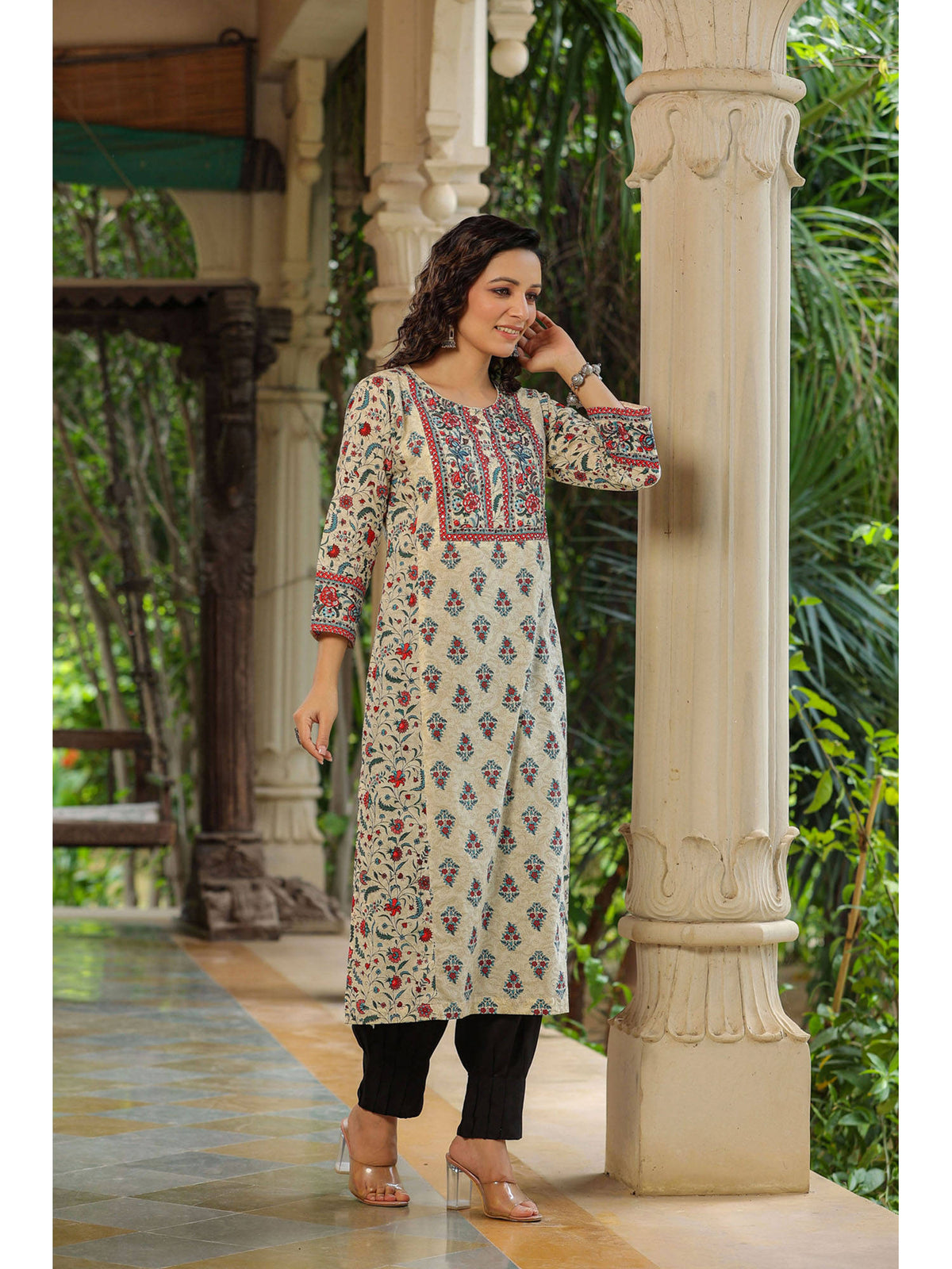 Women Cream Ethnic Motifs Printed Sequinned Pure Cotton A-Line Kurta | U3S - view 3
