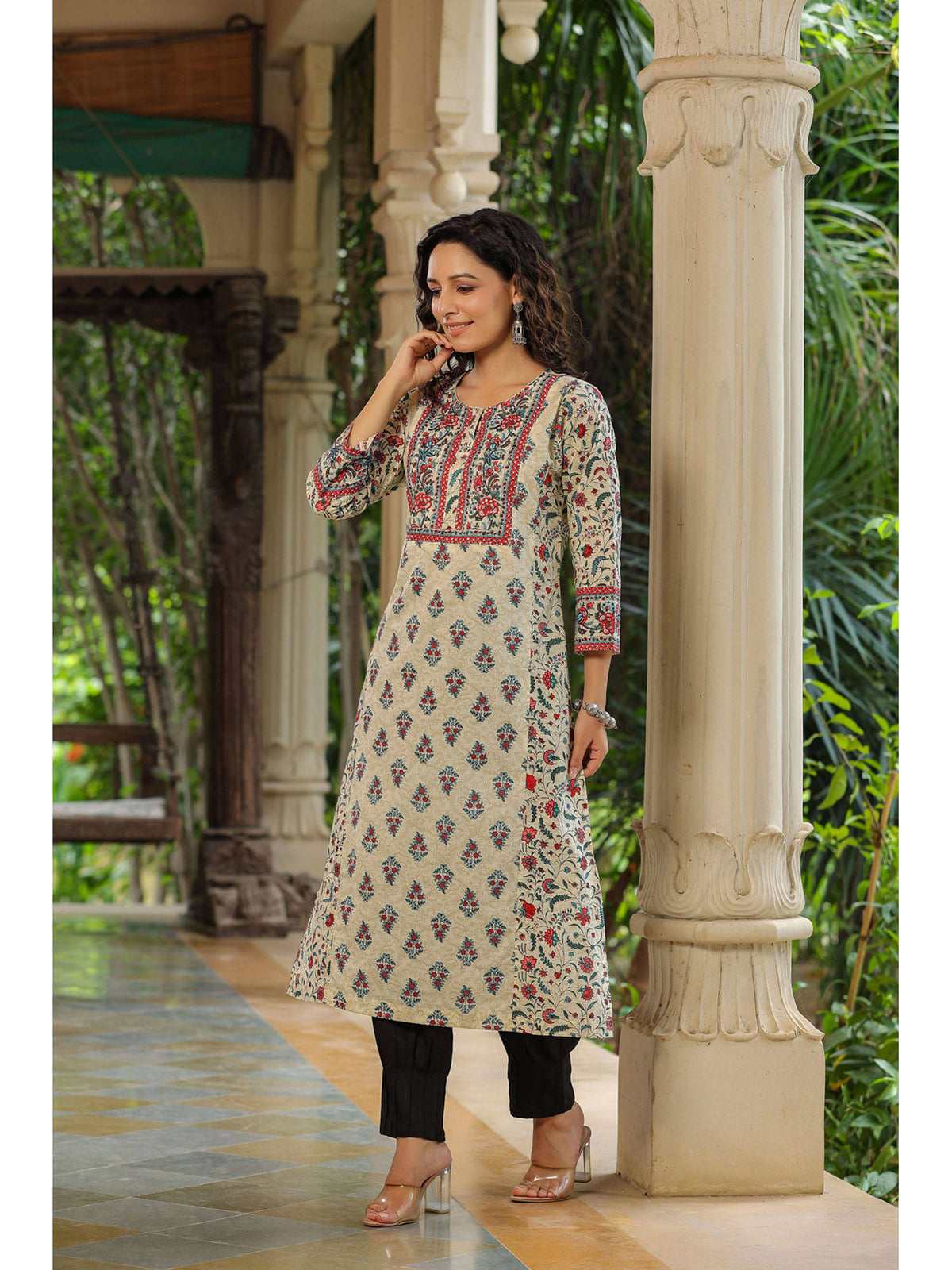 Women Cream Ethnic Motifs Printed Sequinned Pure Cotton A-Line Kurta | U3S - view 6