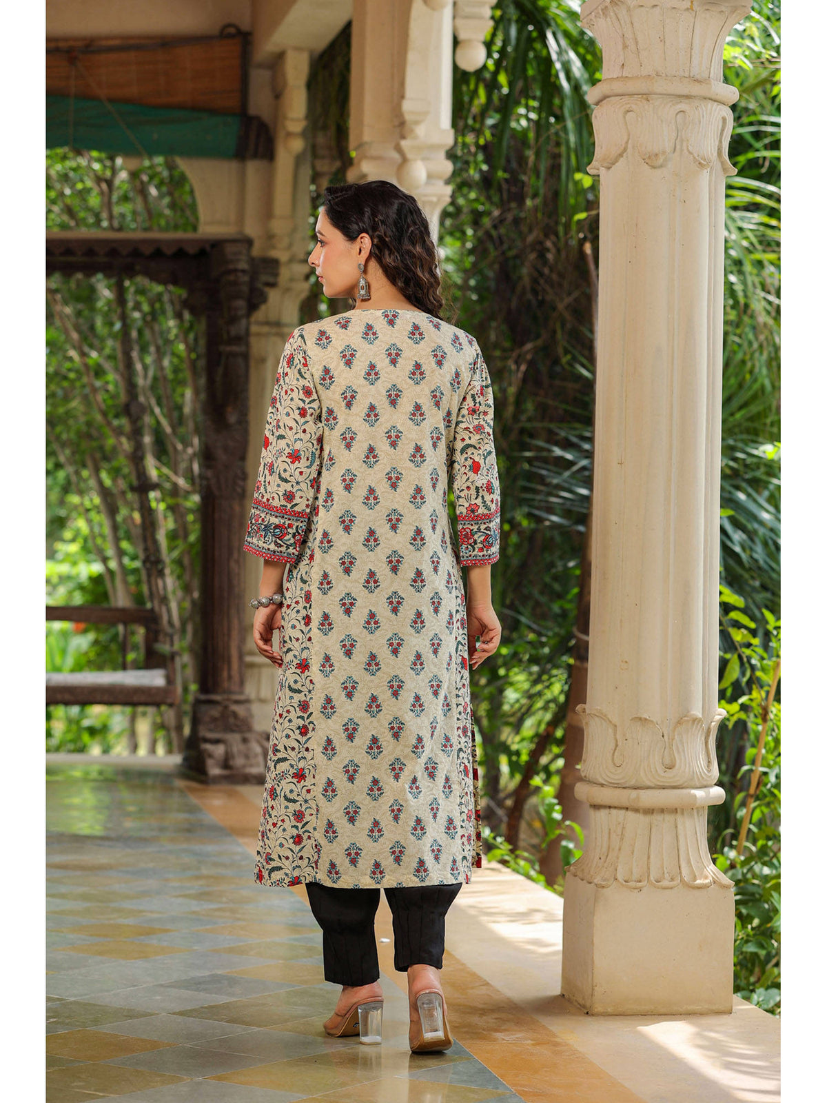 Women Cream Ethnic Motifs Printed Sequinned Pure Cotton A-Line Kurta | U3S - view 7