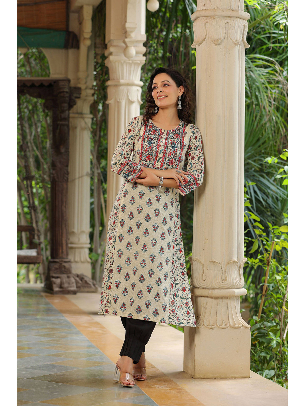 Women Cream Ethnic Motifs Printed Sequinned Pure Cotton A-Line Kurta | KDG - view 8