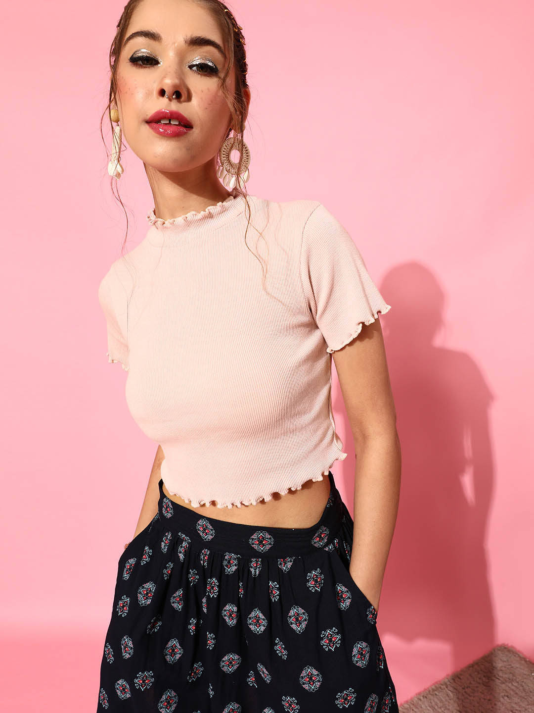 Cotton Half Sleeves High Neck Solid Crop Top | CT61 - view 8