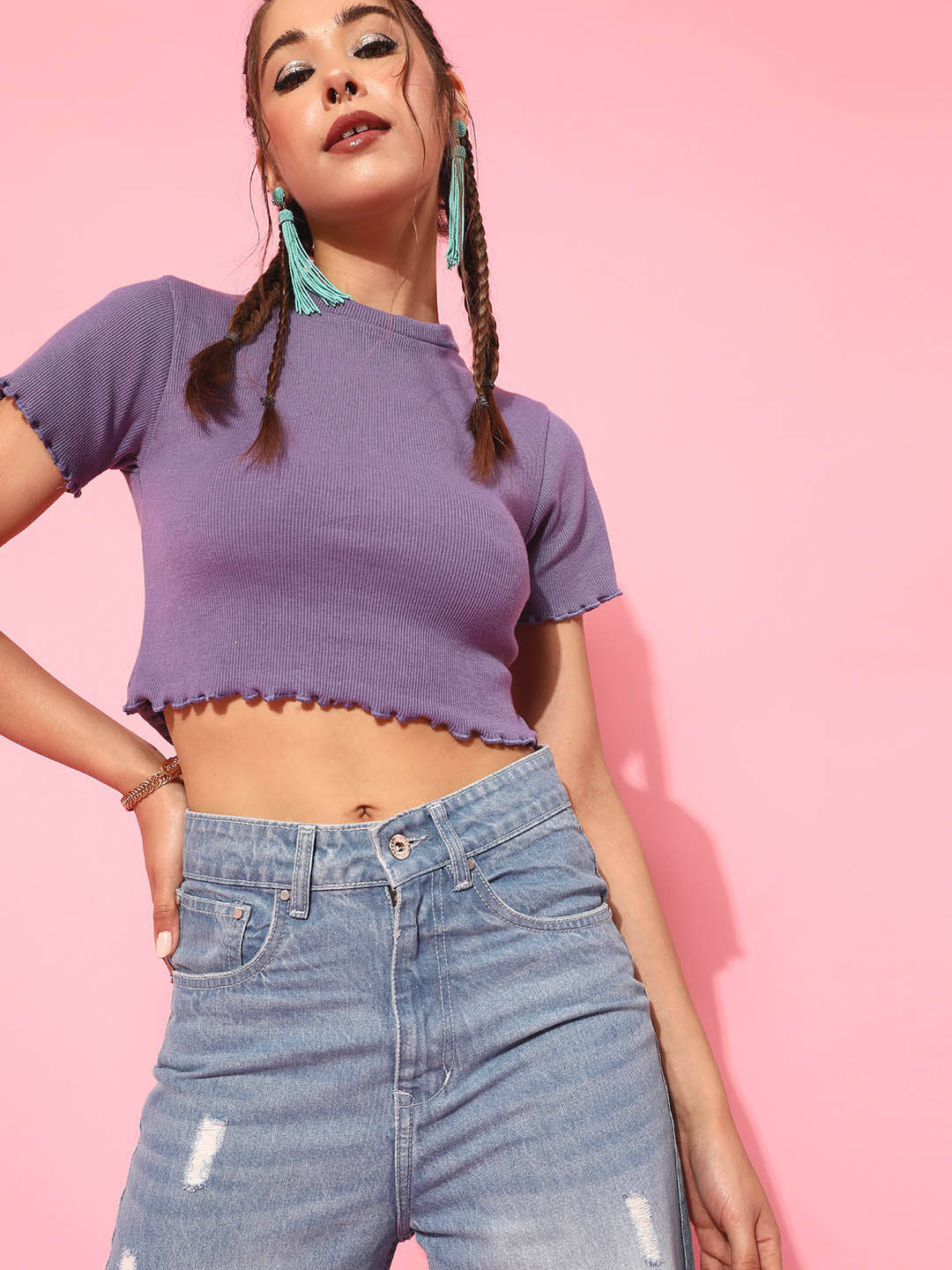 Cotton Half Sleeves High Neck Solid Crop Top | CT61 - view 1