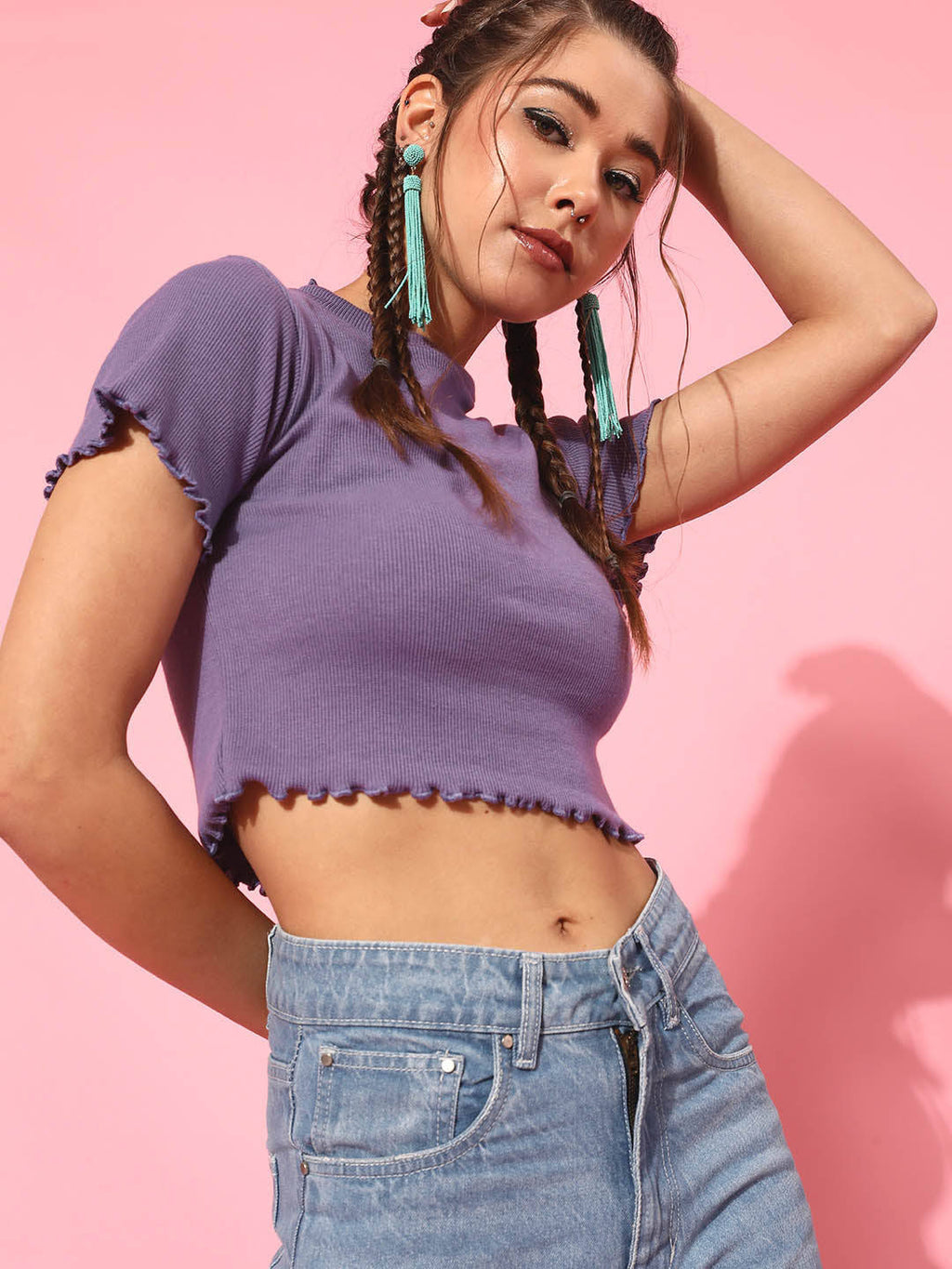 Cotton Half Sleeves High Neck Solid Crop Top | CT61 - view 2