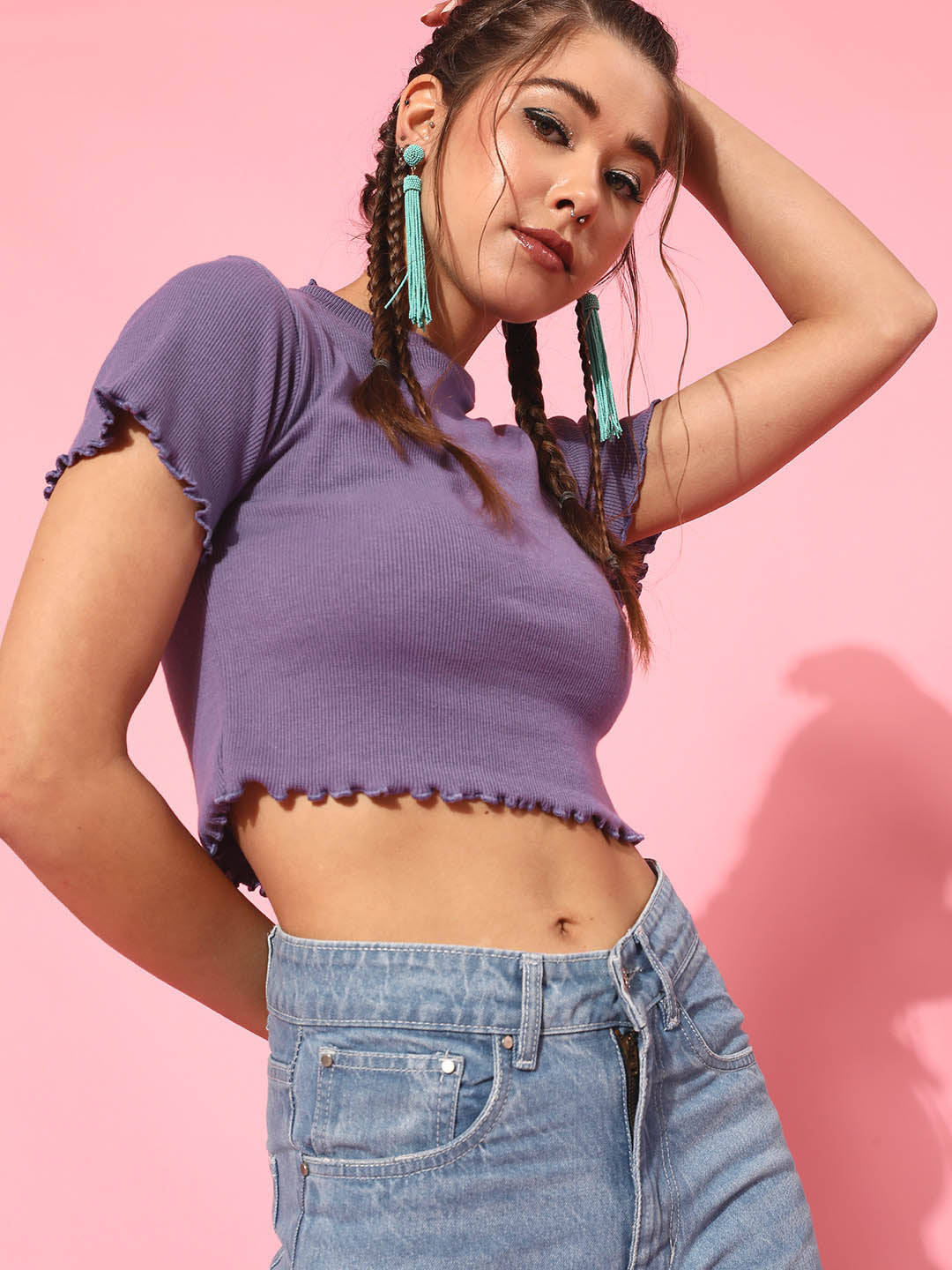 Cotton Half Sleeves High Neck Solid Crop Top | CT61 - view 2