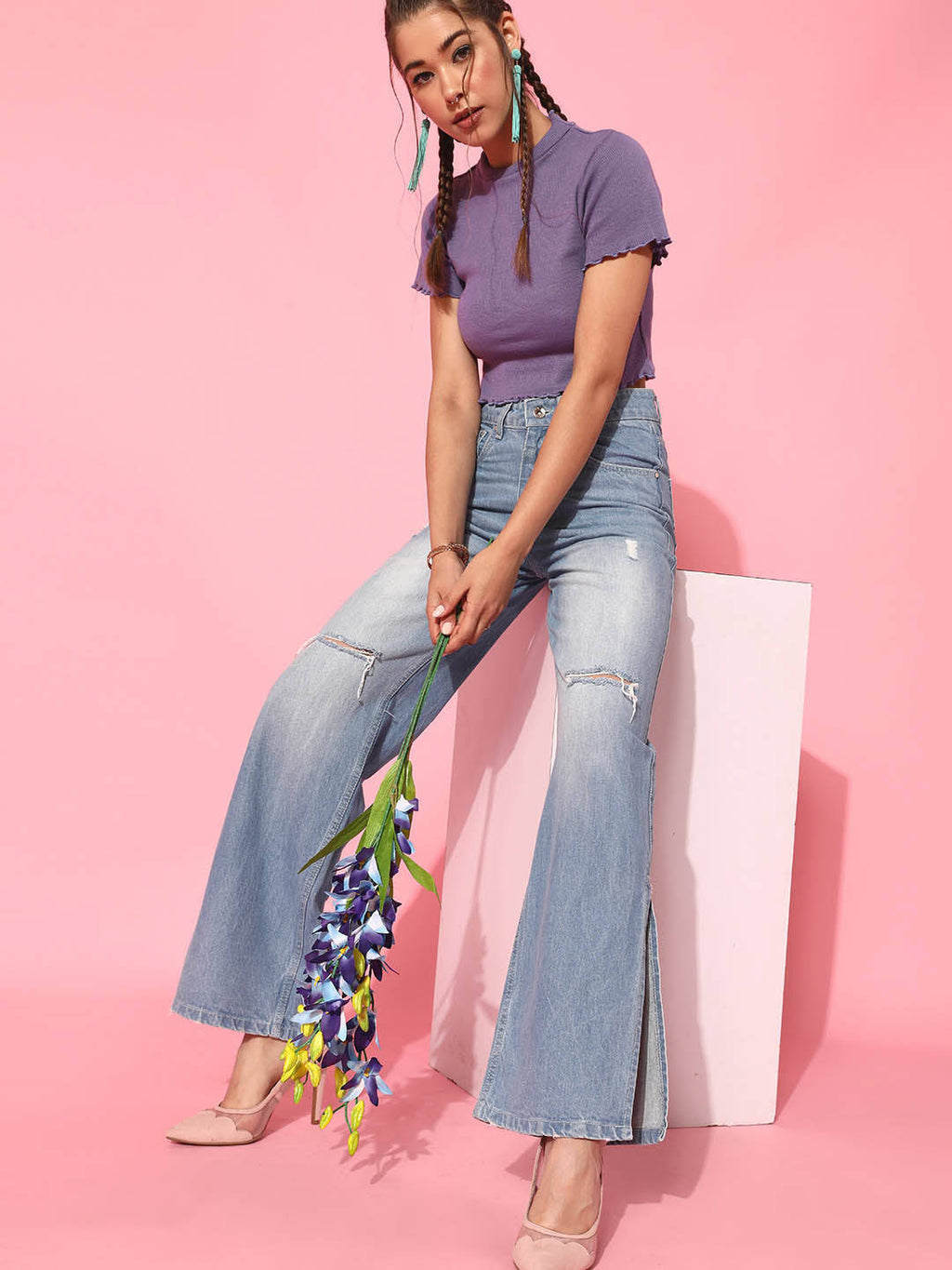 Cotton Half Sleeves High Neck Solid Crop Top | CT61 - view 3