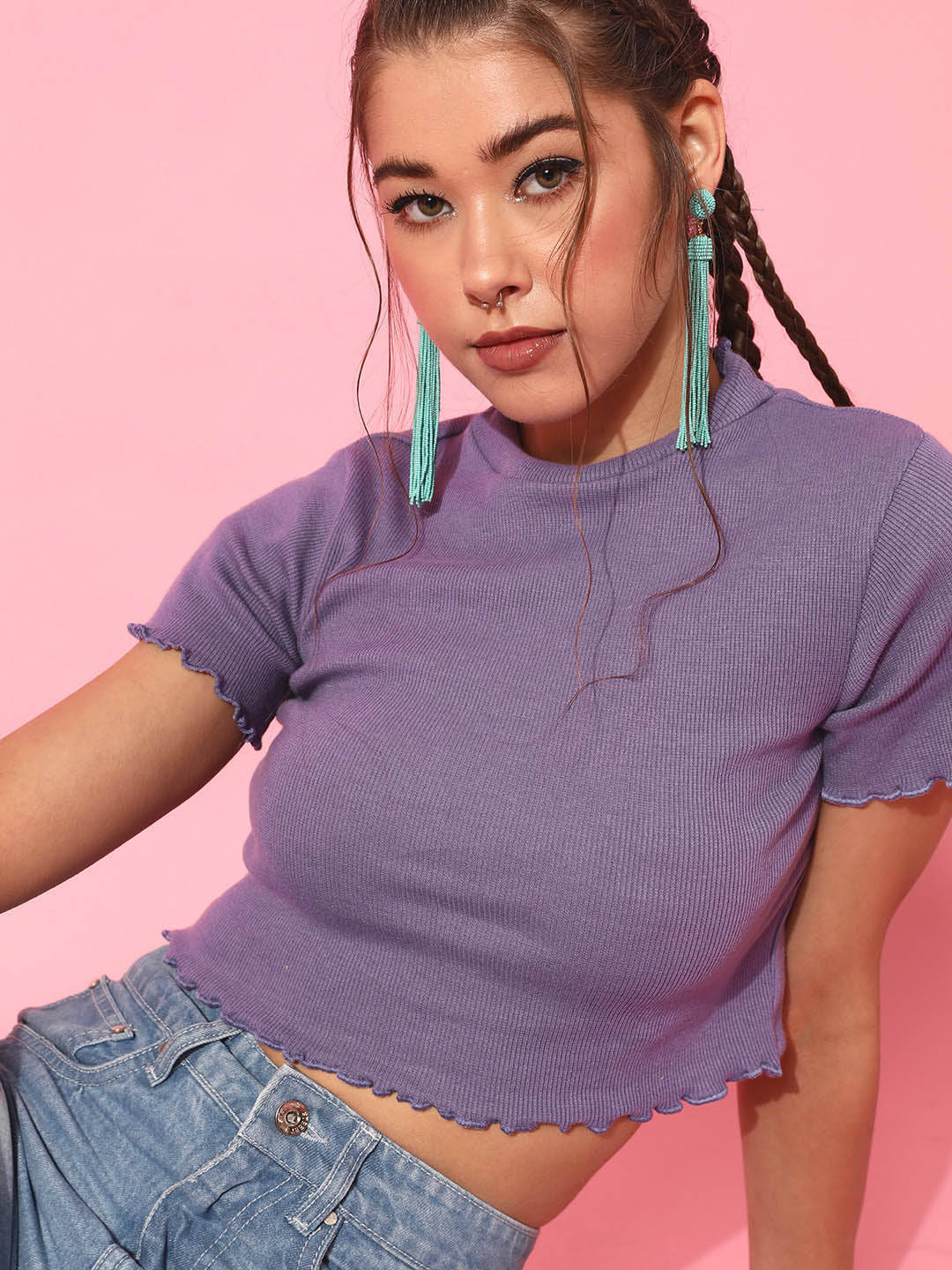 Cotton Half Sleeves High Neck Solid Crop Top | CT61 - view 4