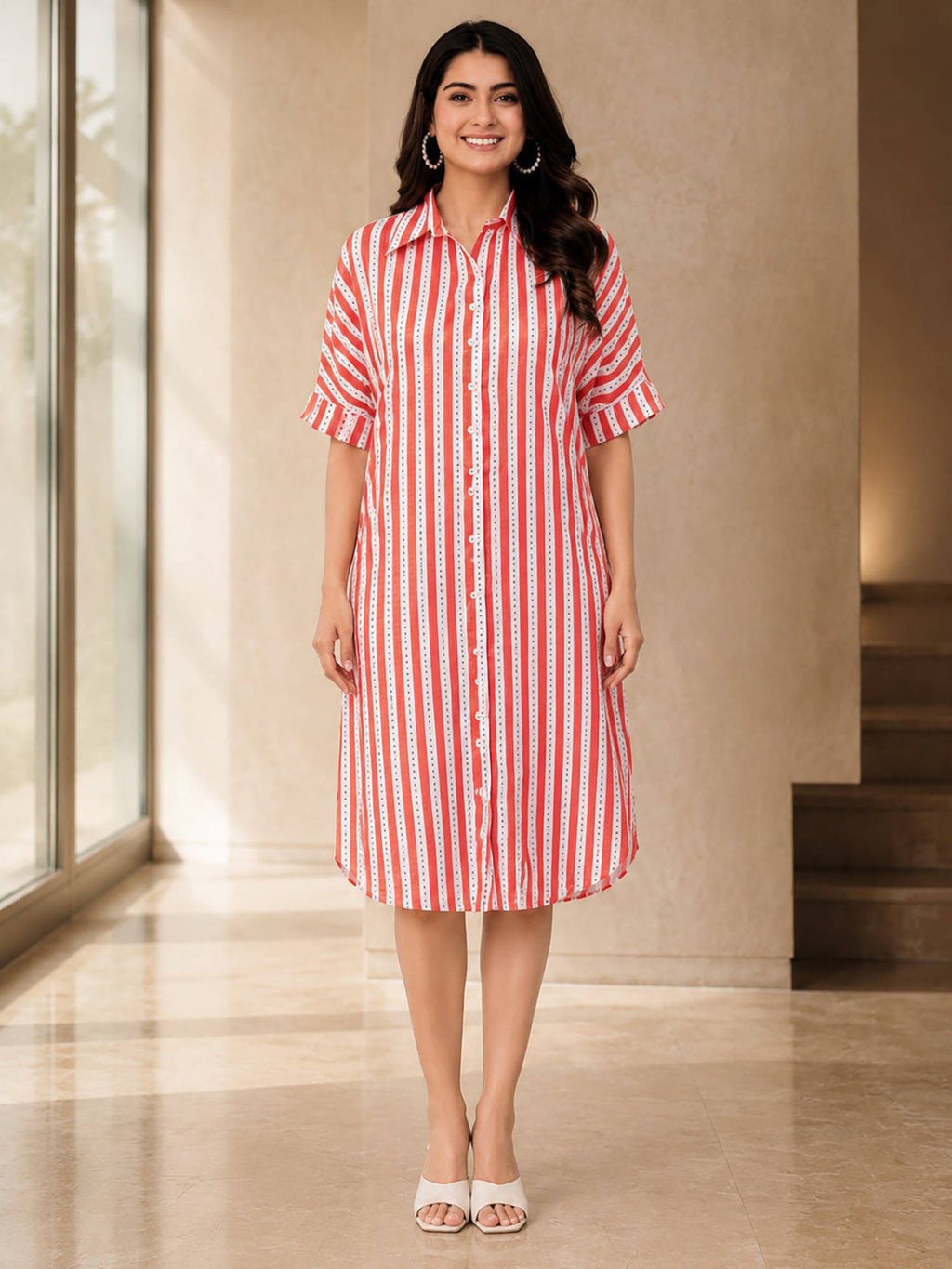 Red White Shirt Dress | D56 - view 2