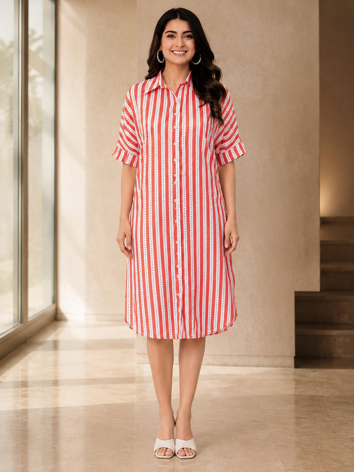 Red White Shirt Dress | D56 - view 2