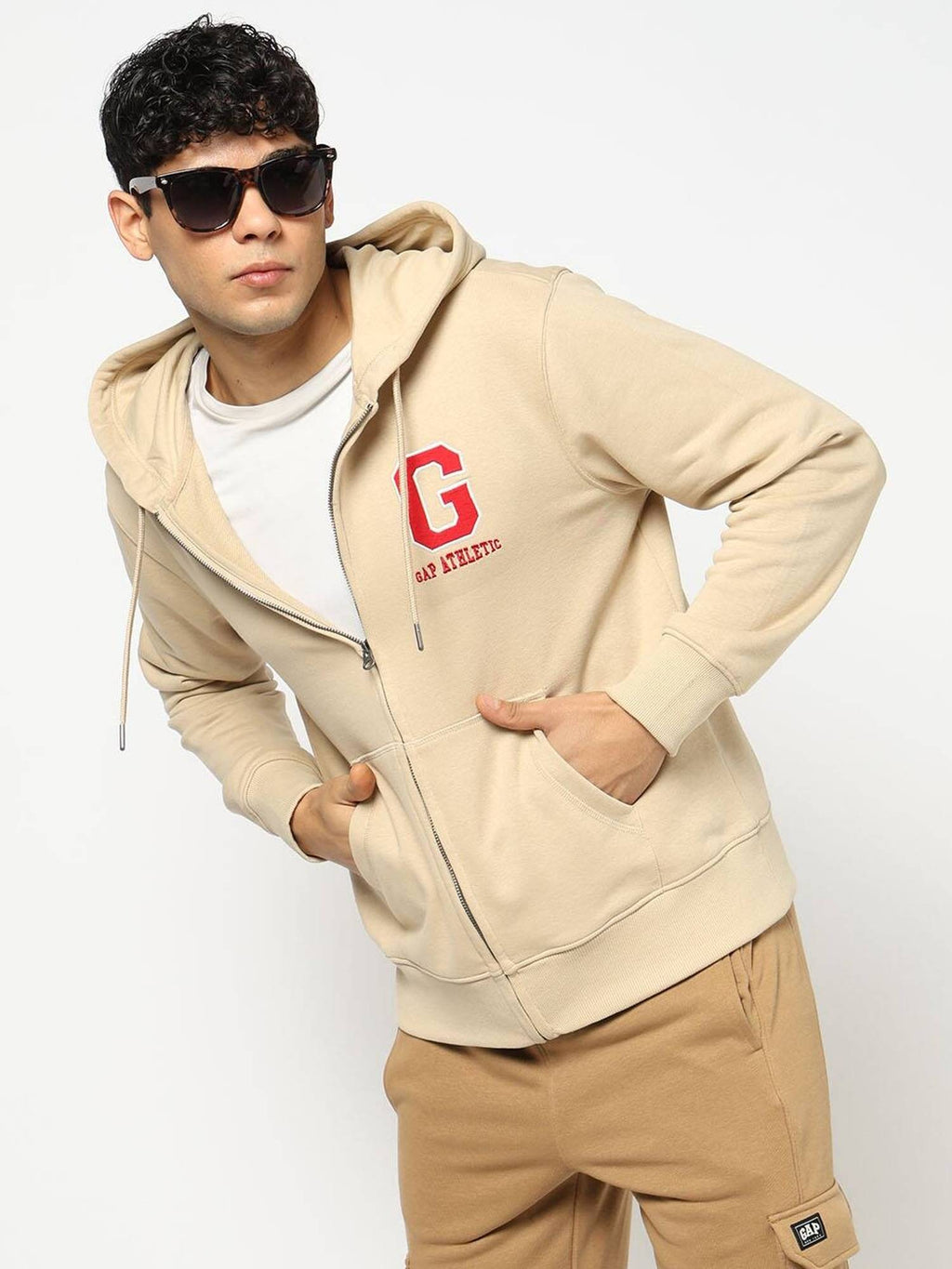 Men Beige Cotton Blend Graphic Hoodie | HD56 - view 5