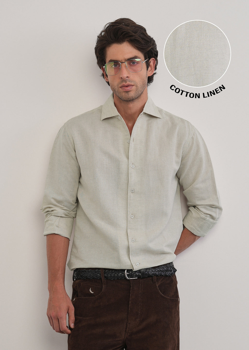 Beige Plain Cotton Linen Shirt