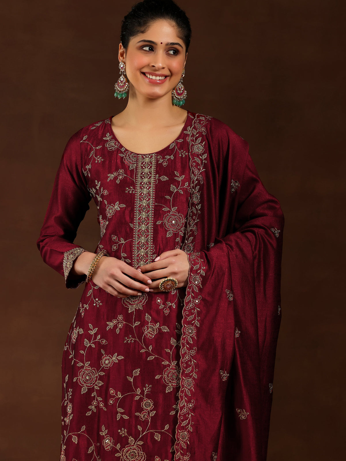 Libas Maroon Embroidered Silk Blend Straight Suit With Dupatta