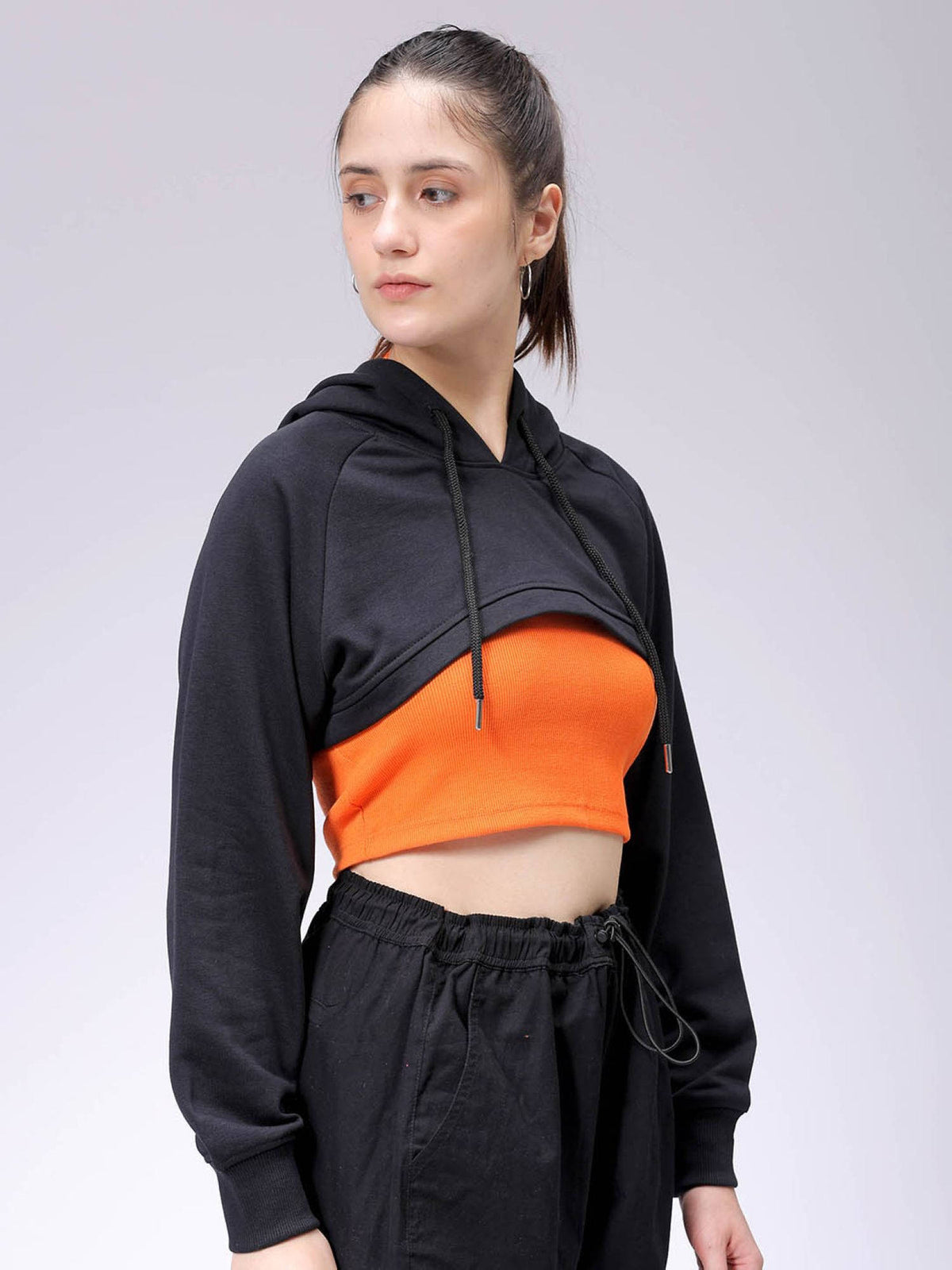 Womens Black Solid Hoodie | HD56 - view 3