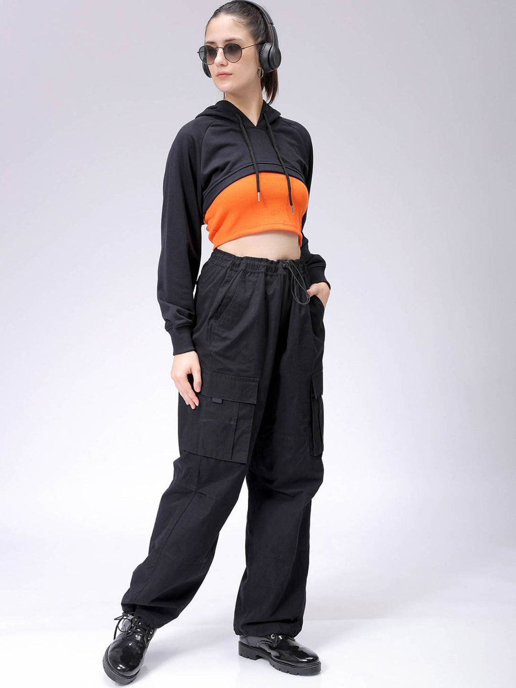 Womens Black Solid Hoodie | HD56 - view 7