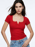 Red Semi Button Down Square Neck Top | CT61 - view 1