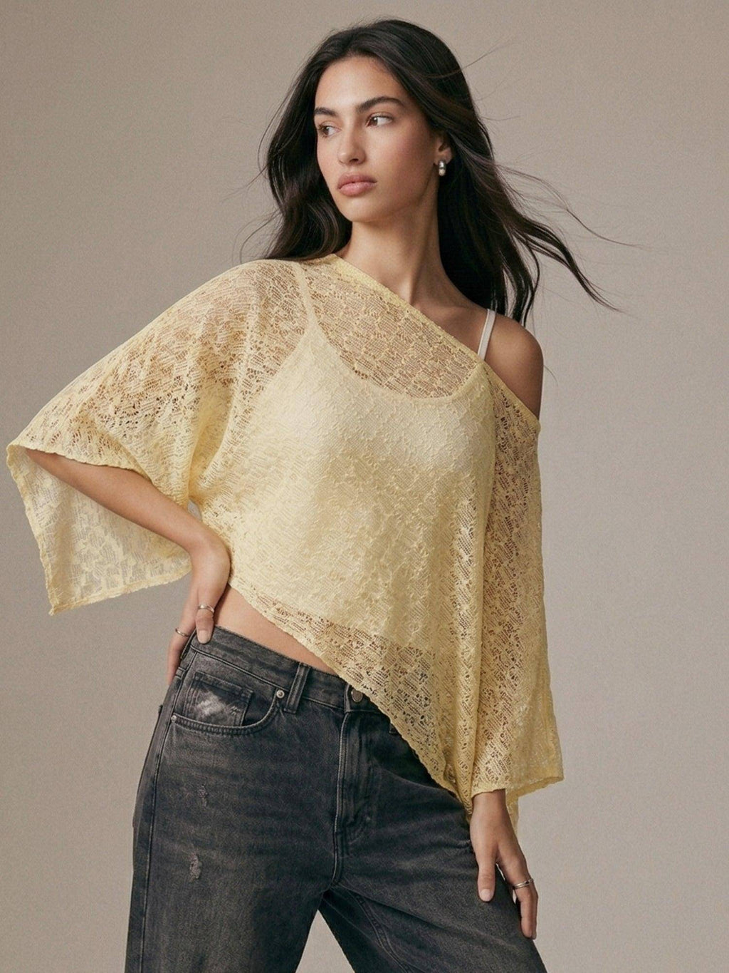 Cream One Shoulder Asymmetrical Sheer Top | CT61 - view 2