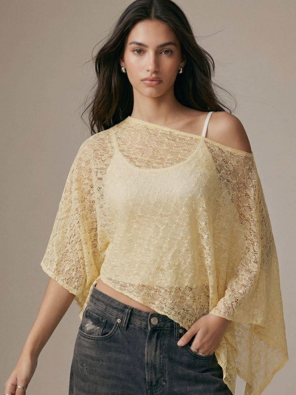 Cream One Shoulder Asymmetrical Sheer Top | CT61 - view 3