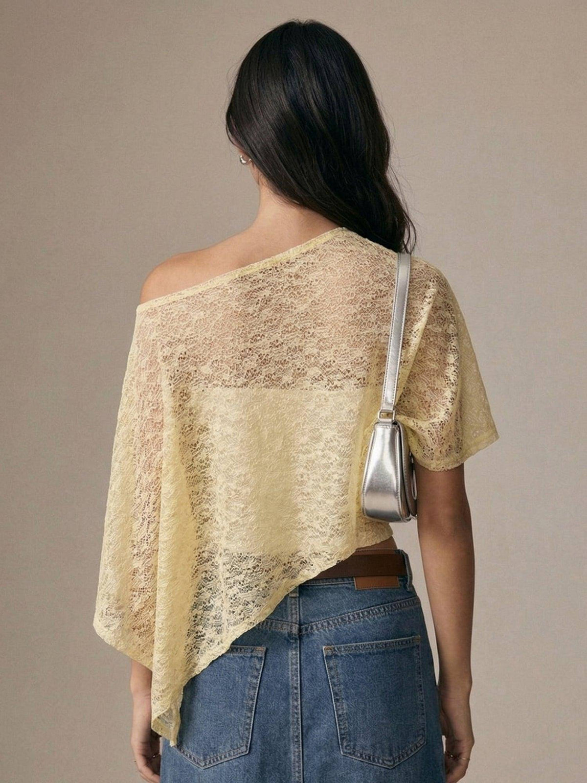 Cream One Shoulder Asymmetrical Sheer Top | CT61 - view 4