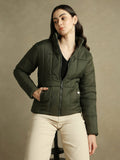 Woman Olive Solid High Neck Full Sleeves Puffer Jacket | JC78 - view 1