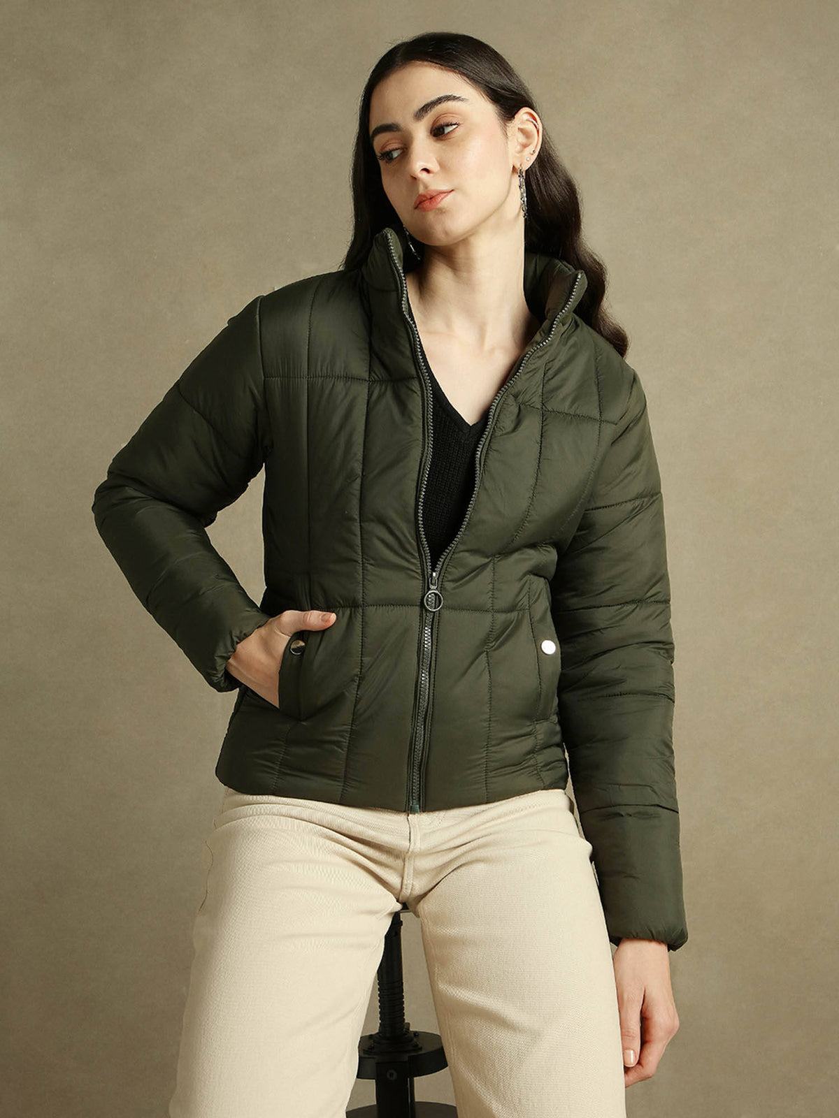 Woman Olive Solid High Neck Full Sleeves Puffer Jacket | JC78 - view 1