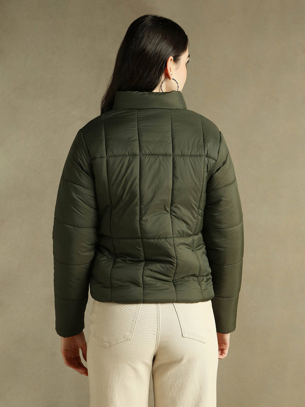 Woman Olive Solid High Neck Full Sleeves Puffer Jacket | JC78 - view 2