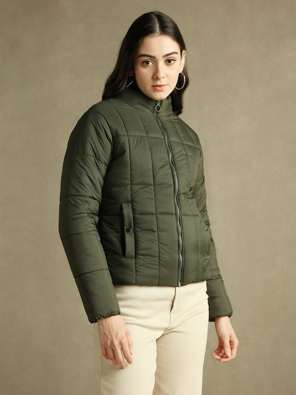 Woman Olive Solid High Neck Full Sleeves Puffer Jacket | JC78 - view 3