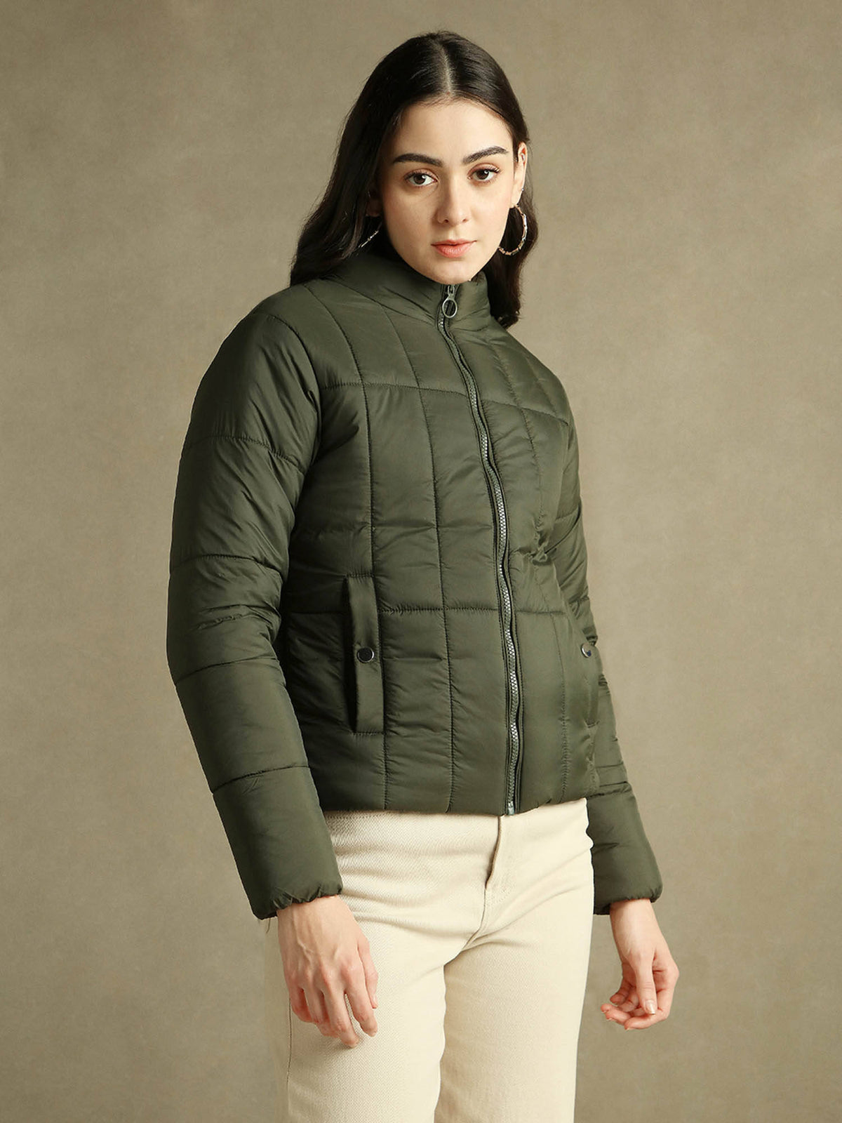 Woman Olive Solid High Neck Full Sleeves Puffer Jacket | JC78 - view 3