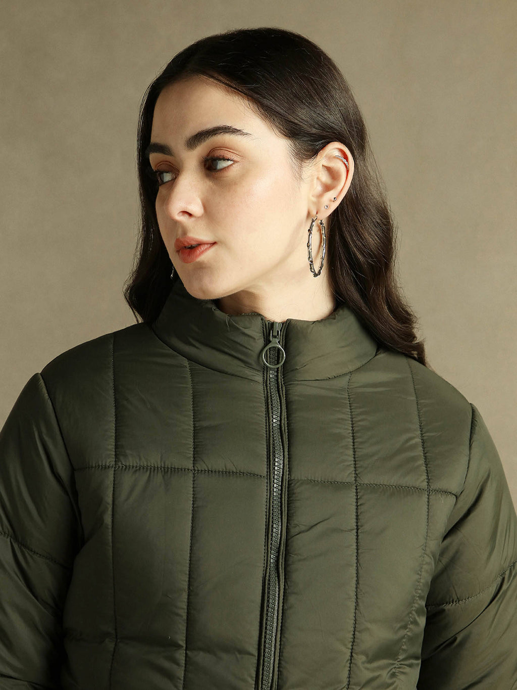 Woman Olive Solid High Neck Full Sleeves Puffer Jacket | JC78 - view 4